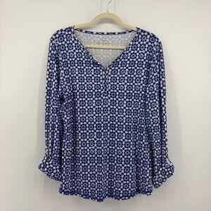 T by Talbots Womens M Blue Geometric Top UPF 50+ Roll Tab Sleeve Split V-Neck
